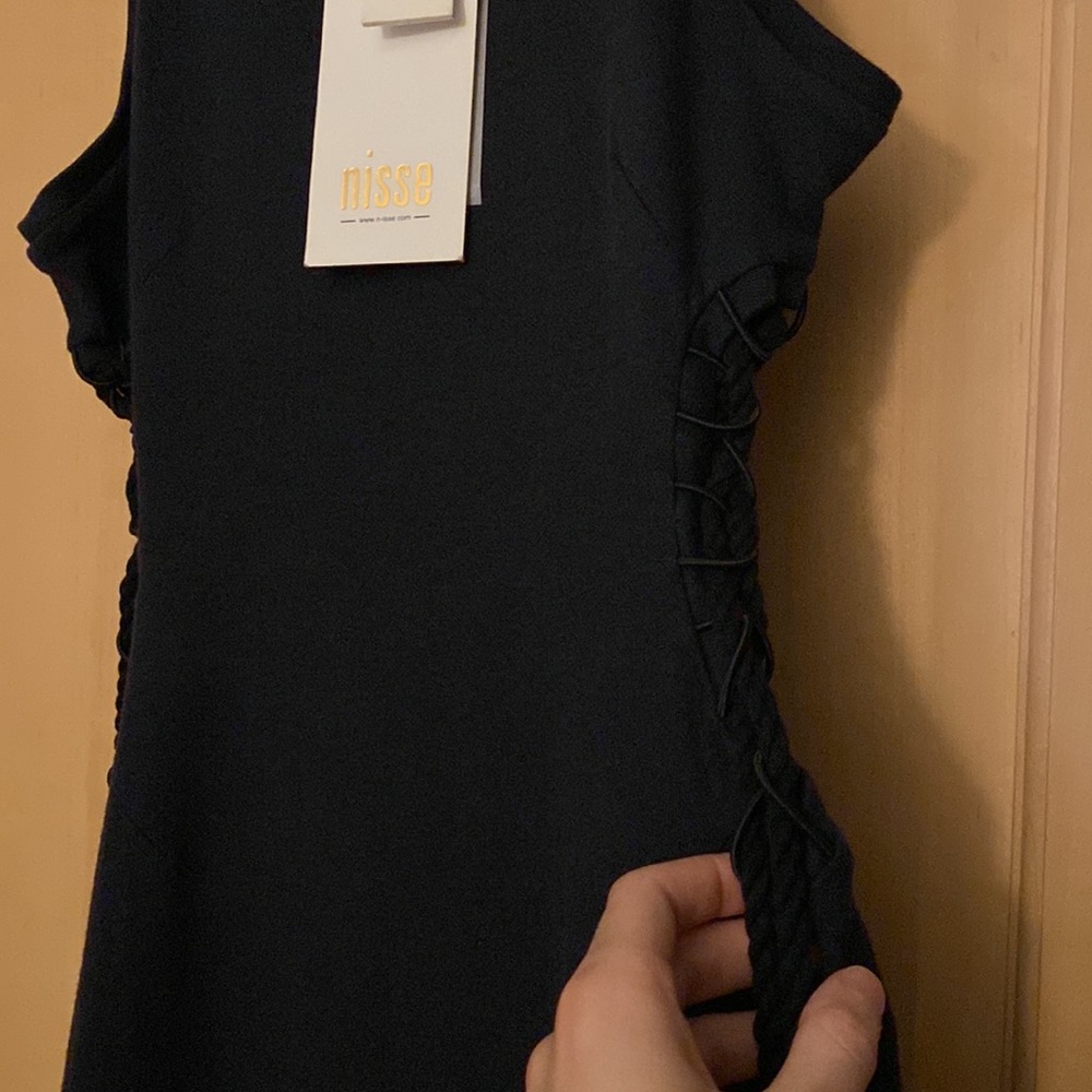 NWT NISSE Elbise Dragon maxi slit tank Dress side lace cutout ropes Navy Blue - Picture 11 of 17
